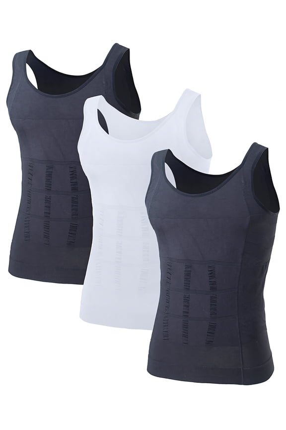 3 Pack Men's Slimming Body Shaper Waist Trainer Vest, Chest Gynecomastia Compression Shirt-2 Gray+1 White-M
