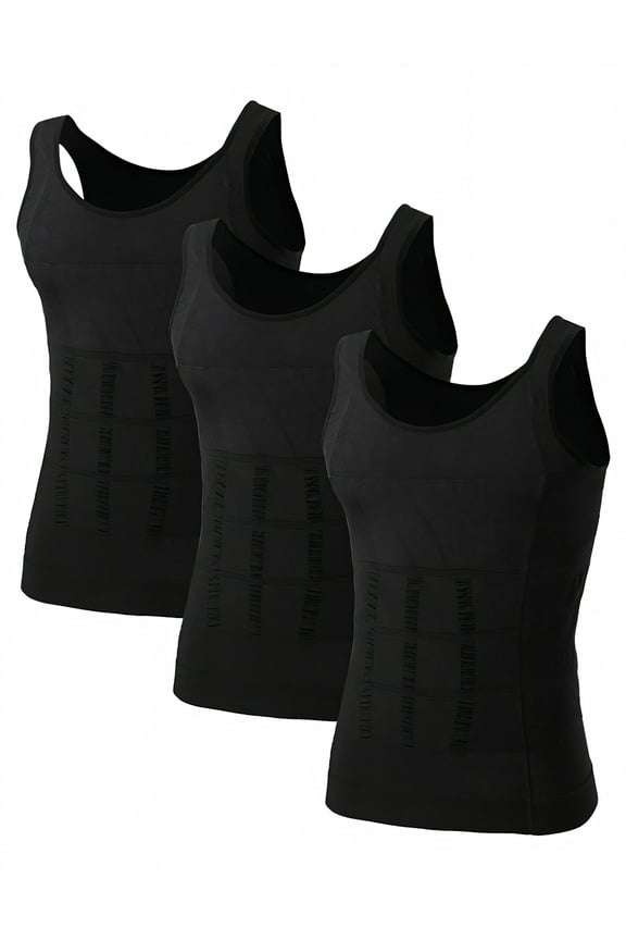 3 Pack Men's Slimming Body Shaper Waist Trainer Vest, Chest Gynecomastia Compression Shirt-Black-S