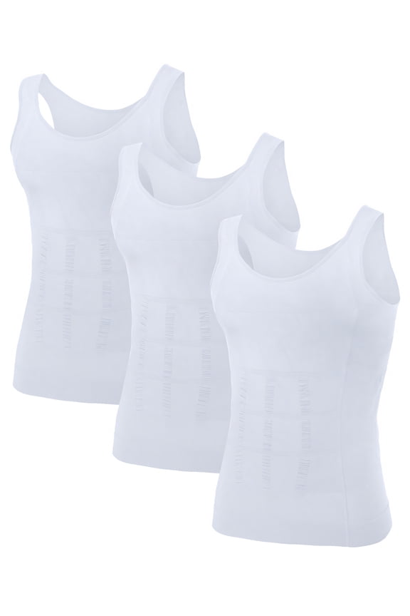3 Pack Men's Slimming Body Shaper Waist Trainer Vest, Chest Gynecomastia Compression Shirt-White-2XL