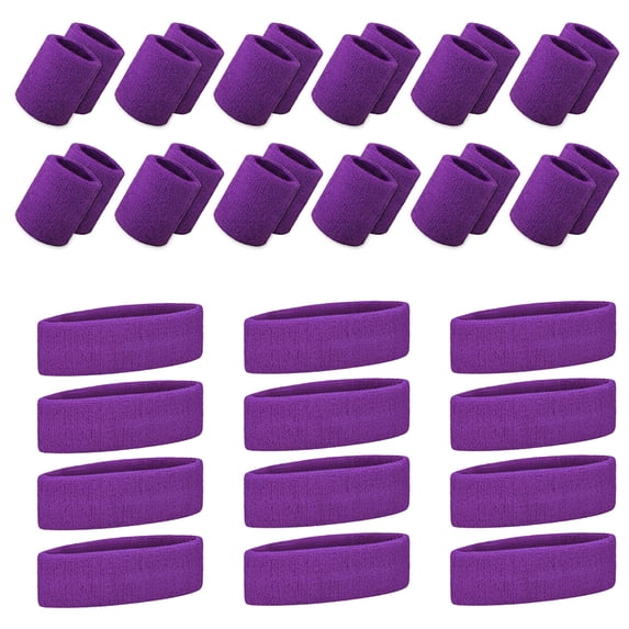 Toptie 36 Pcs Sweatbands Set, Cotton Sports Sweat Band (12 Headbands & 24 Wristbands)-Purple