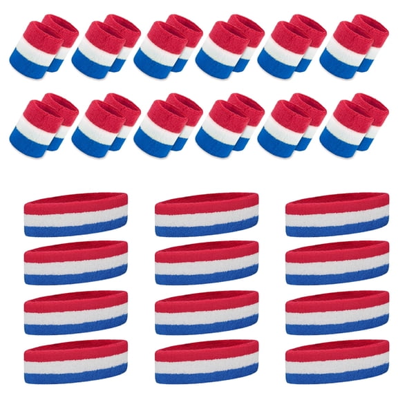 Toptie 36 Pcs Sweatbands Set, Cotton Sports Sweat Band (12 Headbands & 24 Wristbands)-Red/White/Blue