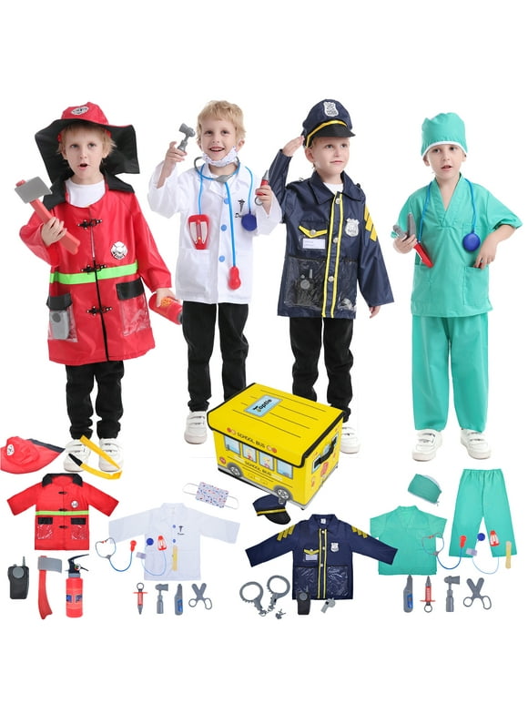 Toptie 4 Sets Kids Costumes w/ Storage Box for Age 3-7, Kids Dress Up Uniforms Fireman Doctor Police Surgeon