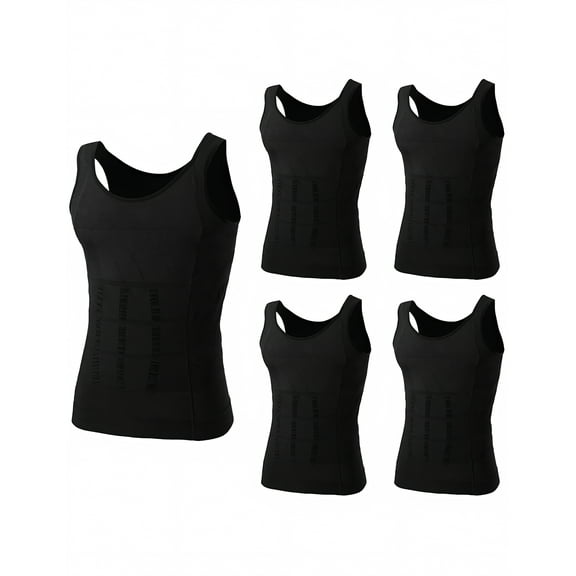 Toptie 5 Pack Slimming Body Shaper Compression Shirt, Men's Sculpting Vest Muscle Tank-Black-L