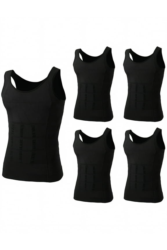 5 Pack Slimming Body Shaper Compression Shirt, Men's Sculpting Vest Muscle Tank-Black-L