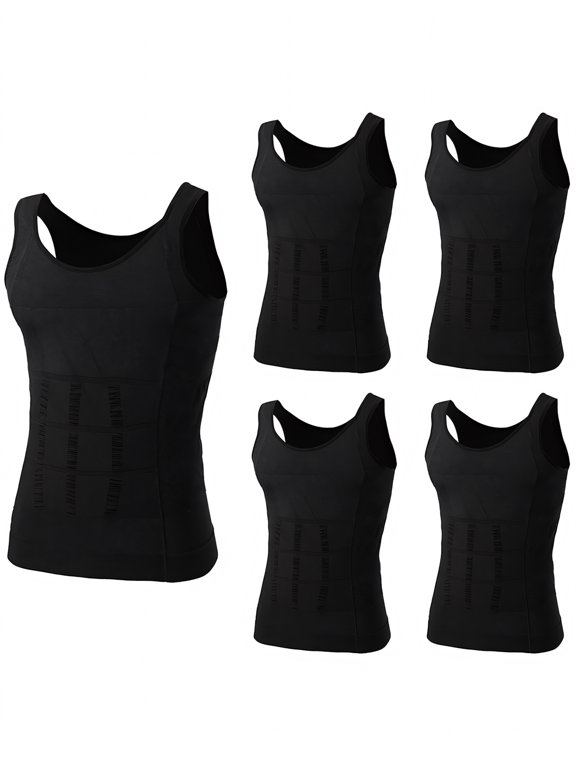 5 Pack Slimming Body Shaper Compression Shirt, Men's Sculpting Vest Muscle Tank-Black-L