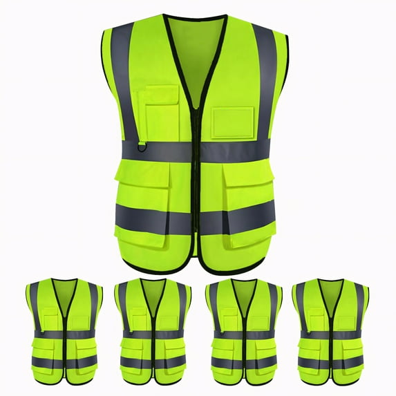 Toptie 5 Packs White Safety Vest, Incident Command Vest with 5 Pockets and High Visibility 2" Reflective Strips-Neon Green-2XL