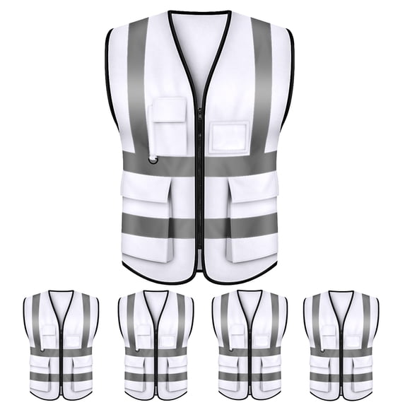 Toptie 5 Packs White Safety Vest, Incident Command Vest with 5 Pockets and High Visibility 2" Reflective Strips-White-M