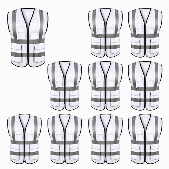 Toptie 5 Pockets High Visibility Zipper Front Safety Vest with Reflective Strips Uniform Vest, Pack of 10-White-M