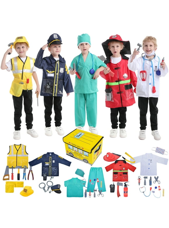Toptie 5 Sets Kids Dress Up Costumes for Preschool, Doctor Firefighter Police Surgeon Construction Worker for Boys Girls