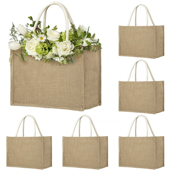 Toptie 6 PCS Large Jute Tote Bags Burlap Bridesmaid Bags Beach Bag Reusable Grocery Bags
