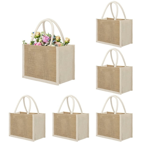 Toptie 6 PCS Mini Jute Tote Bags Burlap Bridesmaid Bags Beach Bag Reusable Grocery Bags