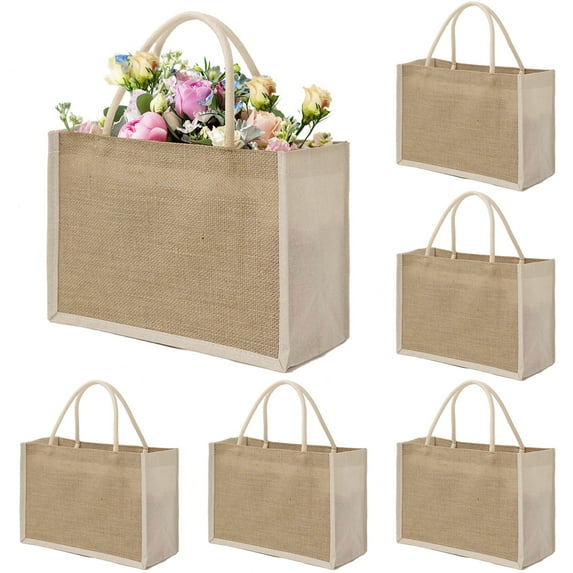 Toptie 6 PCS X-Large Jute Tote Bags Burlap Bridesmaid Bags Beach Bag Reusable Grocery Bags