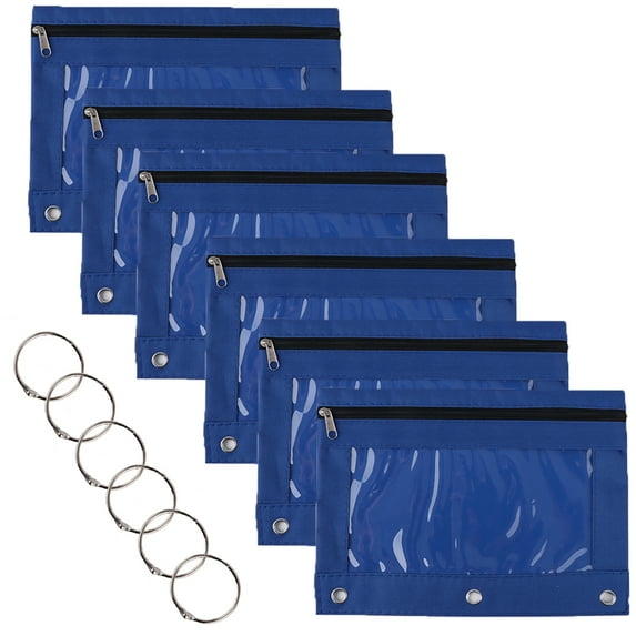 Toptie 6 Pack 3 Ring Binder Pencil Pouch, Zipper Stationery Bag with Clear Window for Office Supplies Dark Blue