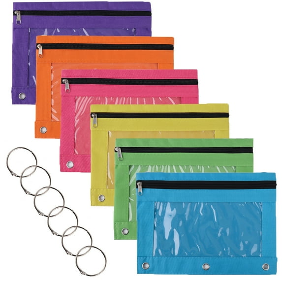 Toptie 6 Pack 3 Ring Binder Pencil Pouch, Zipper Stationery Bag with Clear Window for Office Supplies Multicolor