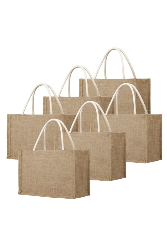 6 Pack Burlap Tote Bags with Handles, Bridal Gift Bags Reusable Jute Shopping Bag Beach Tote