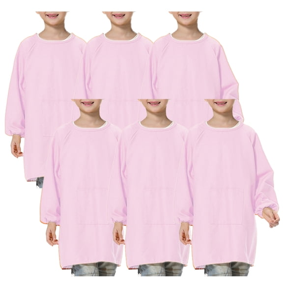Toptie 6 Pack Cotton Kids Smock Apron for Hair Grooming Painting Cooking with Pocket & Long Sleeve, for Age 1-9 years