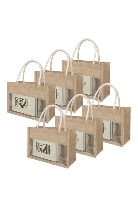 6 Pcs Burlap Tote with Transparent PVC Film Window, Jute Beach Tote Reusable Grocery Bags Bulk
