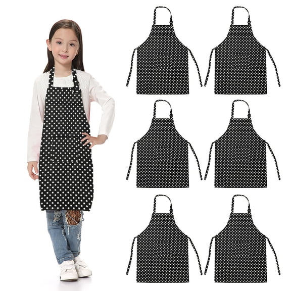 Toptie 6 Pack Kids Aprons with Pocket & Adjustable Strap, Child Chef Bib Apron for Kitchen Cooking Baking Painting-Black Dot-S