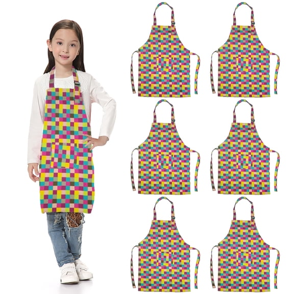 Toptie 6 Pack Kids Aprons with Pocket & Adjustable Strap, Child Chef Bib Apron for Kitchen Cooking Baking Painting-Grid-S