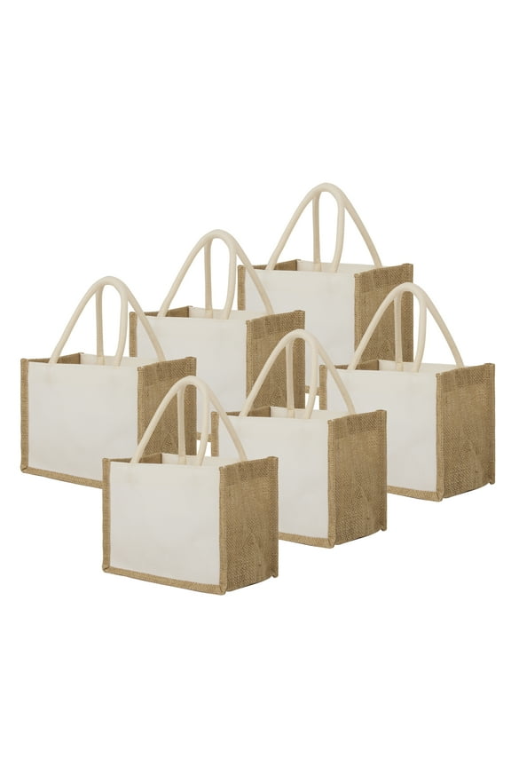 6 Pack Mini Cotton Canvas Tote Bags with Burlap Sides, Reusable Grocery Shopping Bag Gift Bag