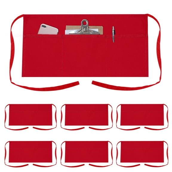 TOPTIE 6 Pack Waitress Waiter Server Bistro Waist Apron with 3 Pockets, Restaurant Kitchen Chef Half Aprons, 24"W x 12"H-Red
