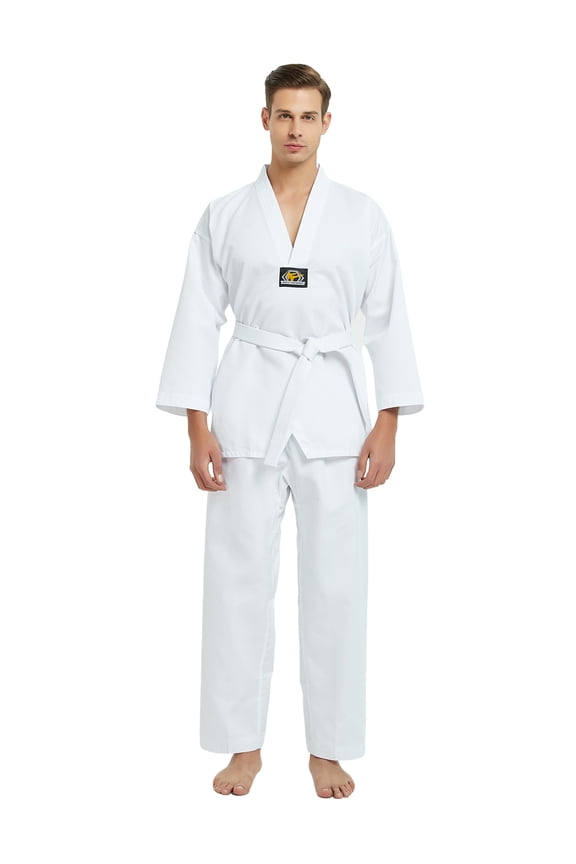 V-Neck Taekwondo Uniform for Kids Adults, TKD Dobok Uniform Martial Arts Uniform with Belt-White Trim-Size 000