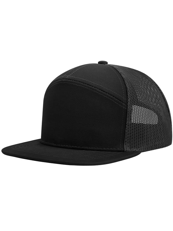 7 Panel Trucker Cap Adjustable Snapback Flat Bill Mesh Back Hip Hop Hat-Black