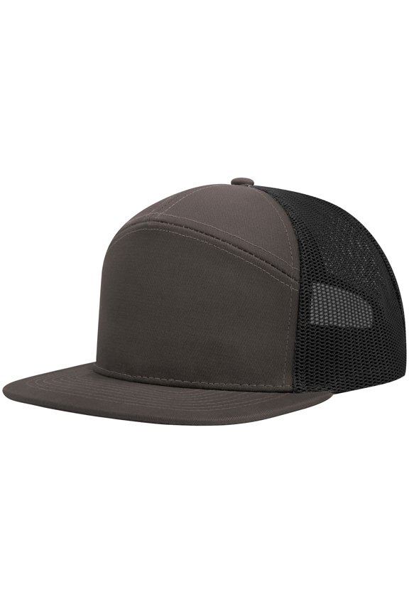 7 Panel Trucker Cap Adjustable Snapback Flat Bill Mesh Back Hip Hop Hat-Charcoal Black