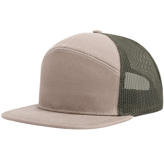 Toptie 7 Panel Trucker Cap Adjustable Snapback Flat Bill Mesh Back Hip Hop Hat-Khaki