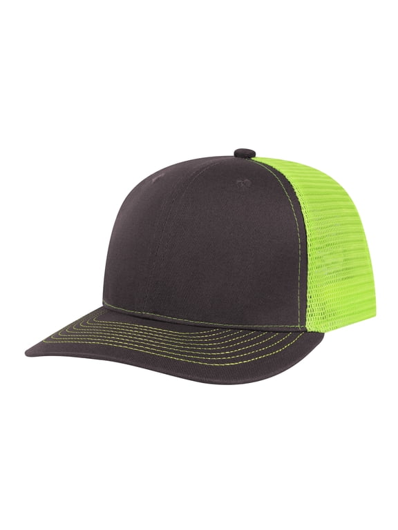 6 Panel Trucker Cap Adjustable Snapback Cap, Structured Mid Profile-Charcoal Neon Green