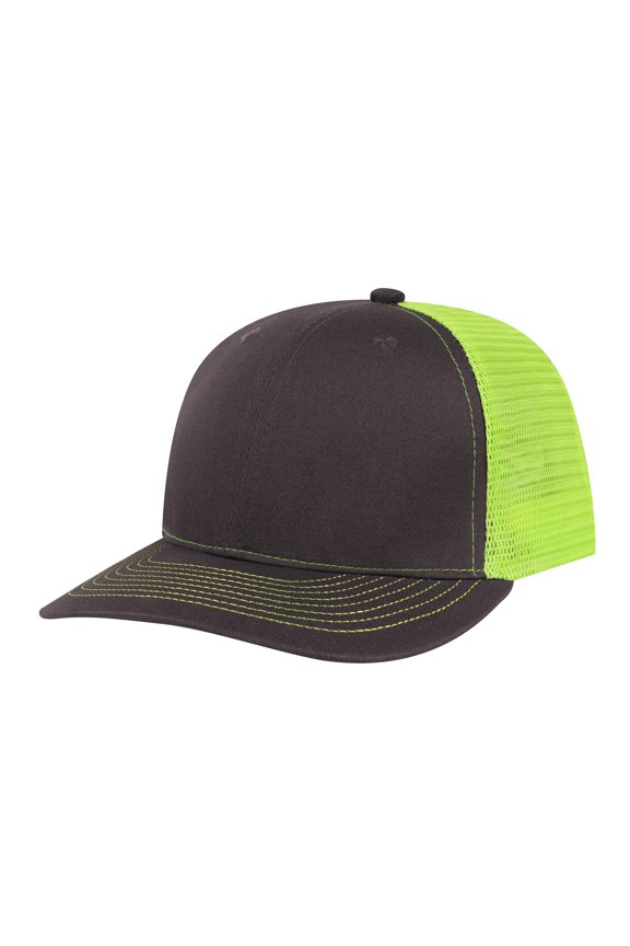 6 Panel Trucker Cap Adjustable Snapback Cap, Structured Mid Profile-Charcoal Neon Green
