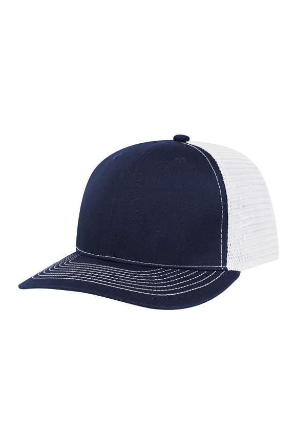 6 Panel Trucker Cap Adjustable Snapback Cap, Structured Mid Profile-Navy White