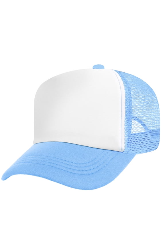 Adult 5 Panel Mid Profile Mesh Back Trucker Hat Foam Snapback Hat-Light Blue/White