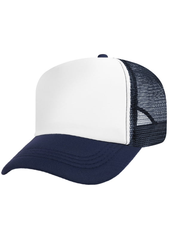 Adult 5 Panel Mid Profile Mesh Back Trucker Hat Foam Snapback Hat-Navy/White