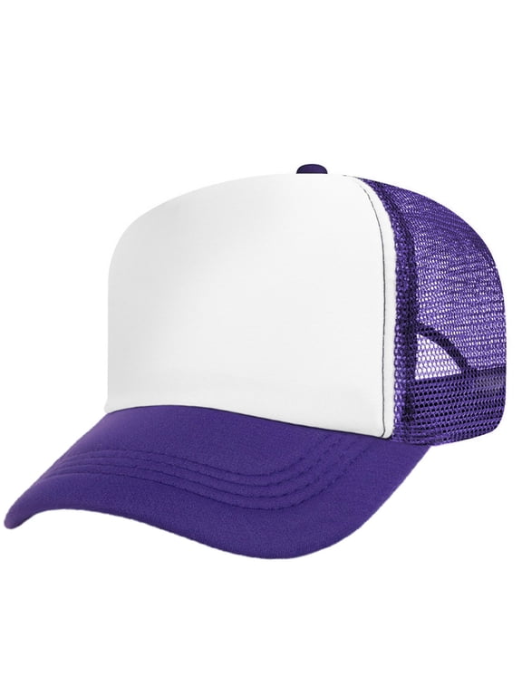 Adult 5 Panel Mid Profile Mesh Back Trucker Hat Foam Snapback Hat-Purple/White