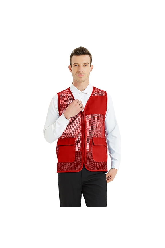 Adult Mesh Vest Zipper Supermarket Team Volunteer Uniform Vest - Red