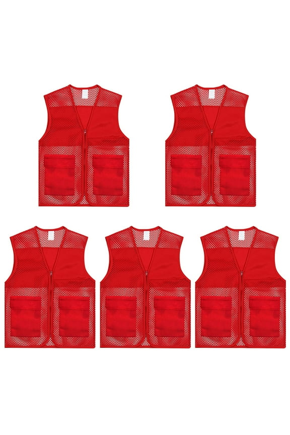 Adult Mesh Volunteer Vest Activity Team Supermarket Vest With Pocket(5 Packs)-Red-XL