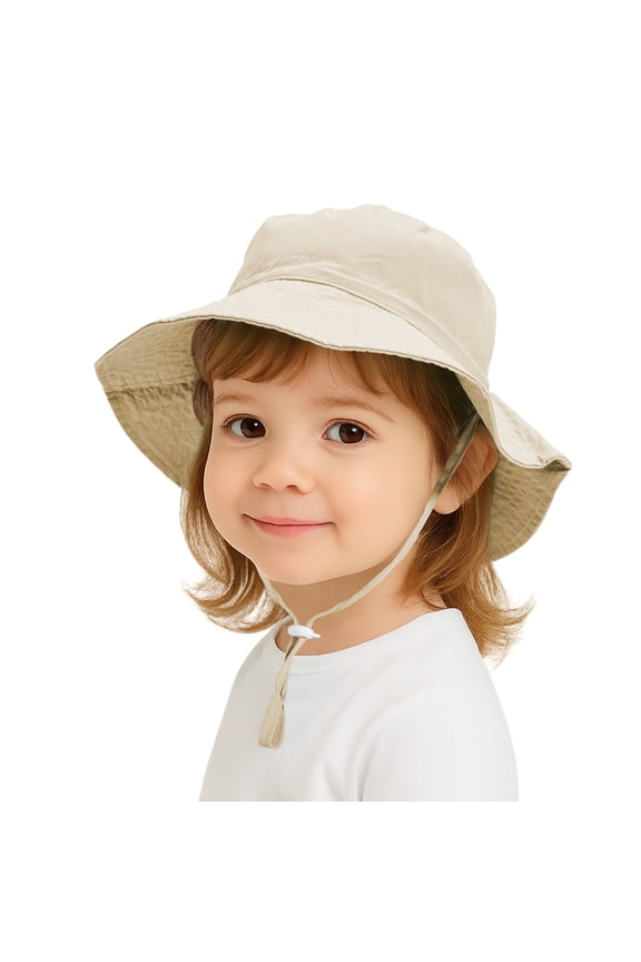 Baby Kids Toddler Girls Boys Bucket UV Sun Protection Hat with Adjustable Drawstring & Chin Strap-Beige-M