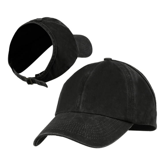 Toptie Backless Washed Cotton Ponytail Cap Messy Bun Curly Hair Baseball Caps for Women-Black