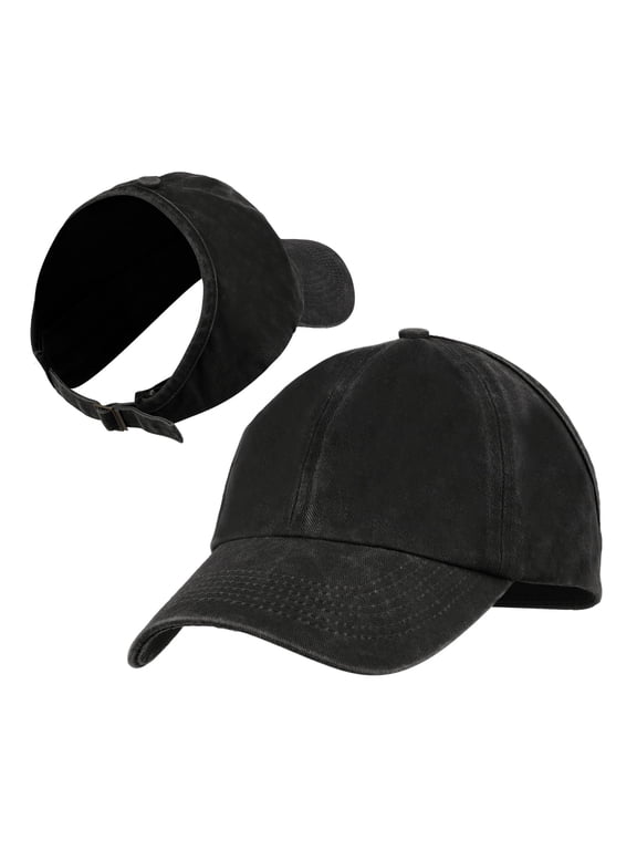 Backless Washed Cotton Ponytail Cap Messy Bun Curly Hair Baseball Caps for Women-Black