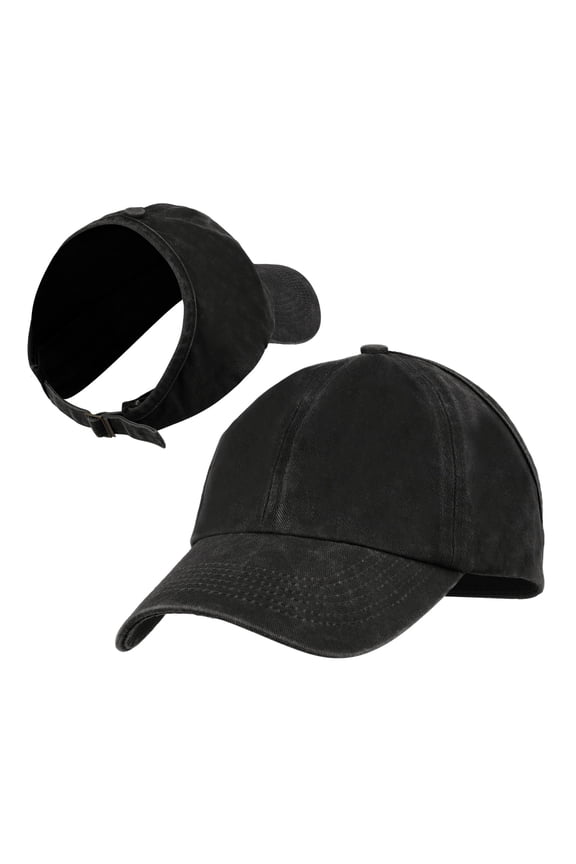 Backless Washed Cotton Ponytail Cap Messy Bun Curly Hair Baseball Caps for Women-Black
