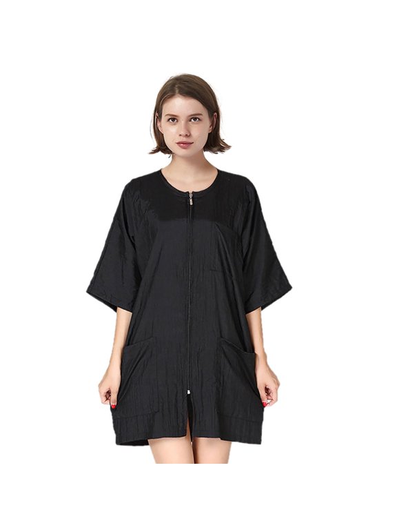 Barber Haircut Cape Apron Hair Grooming Smock Jacket with Pockets, Waterproof Nail SPA Salon Gown-Black