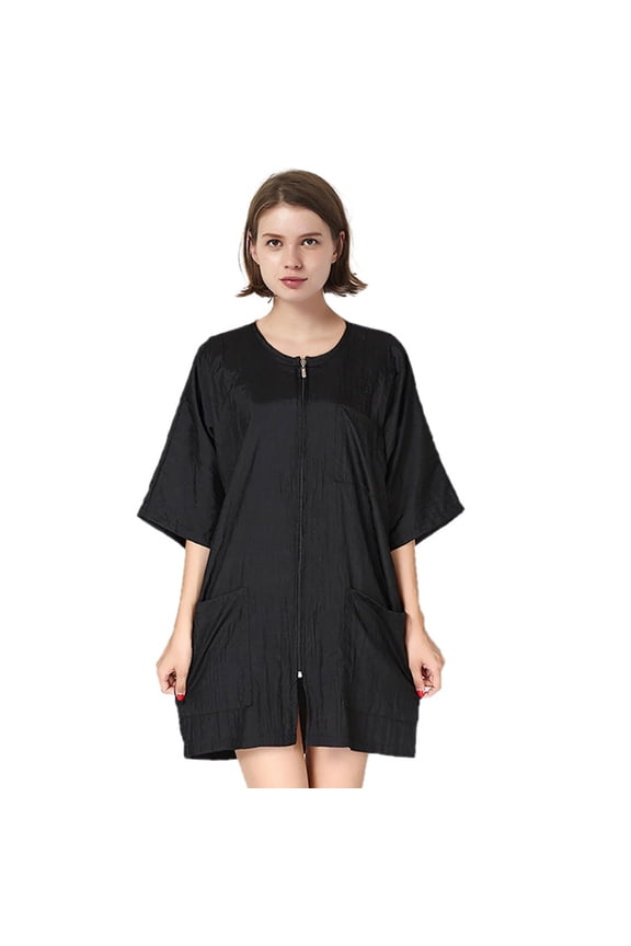 Barber Haircut Cape Apron Hair Grooming Smock Jacket with Pockets, Waterproof Nail SPA Salon Gown-Black