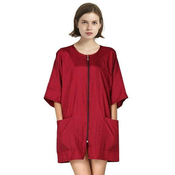 Toptie Barber Haircut Cape Apron Hair Grooming Smock Jacket with Pockets, Waterproof Nail SPA Salon Gown-Red
