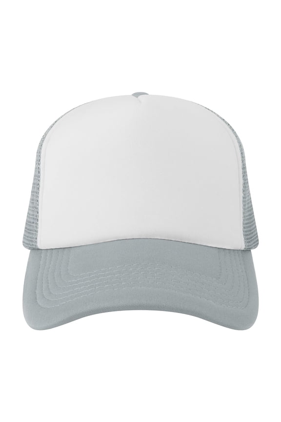 Blank 5 Panel Trucker Hat Foam Front Mesh Back 2 Tone Trucker Snapback Hat-Grey White