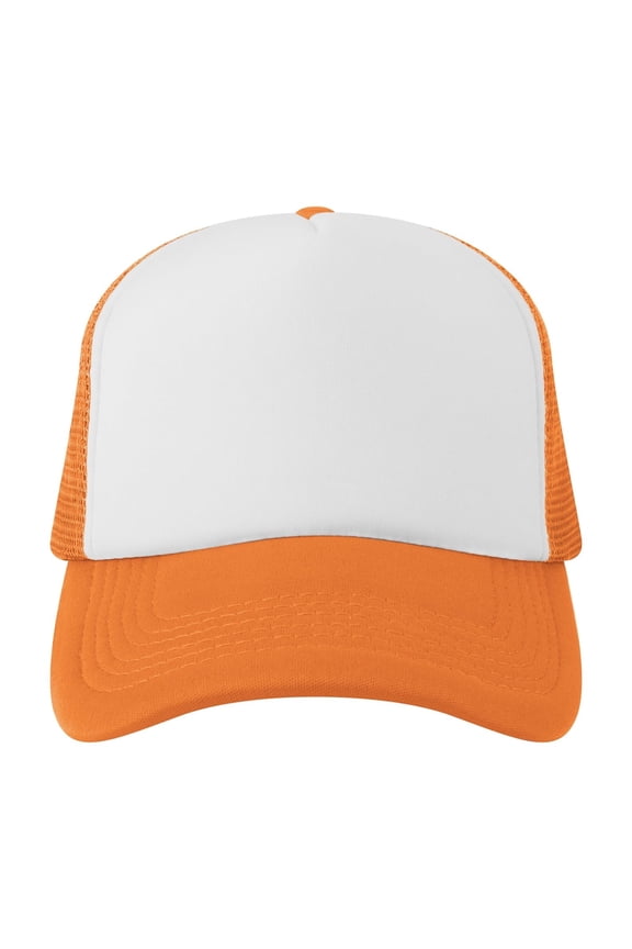 Blank 5 Panel Trucker Hat Foam Front Mesh Back 2 Tone Trucker Snapback Hat-Orange White