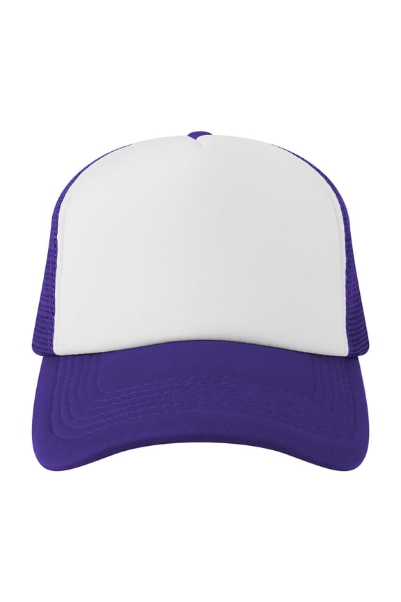 Blank 5 Panel Trucker Hat Foam Front Mesh Back 2 Tone Trucker Snapback Hat-Purple White