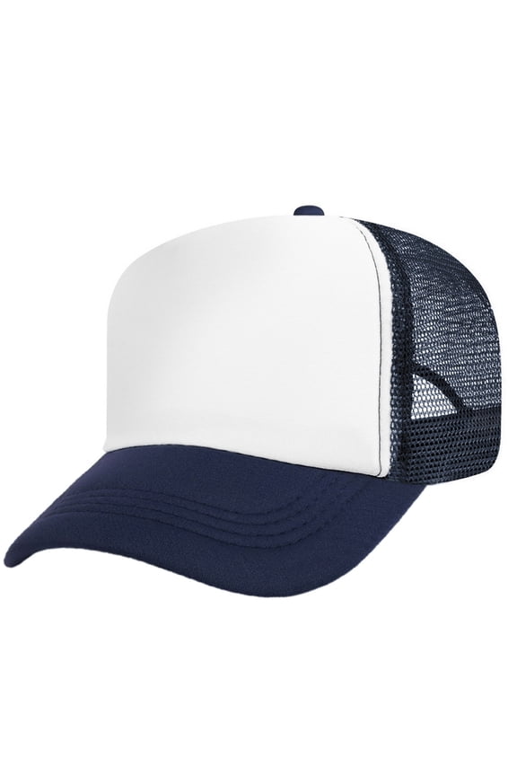 Blank Kids 5 Panel Mesh Trucker Cap Foam Front Snapback for Boys Girls Baseball Cap-Navy/White