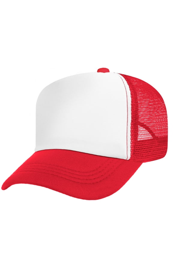 Blank Kids 5 Panel Mesh Trucker Cap Foam Front Snapback for Boys Girls Baseball Cap-Red/White