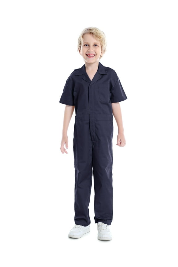 Boy's Coverall Child's Mechanic Halloween Costume Jumpsuit Short Sleeve-Navy-11/12Y